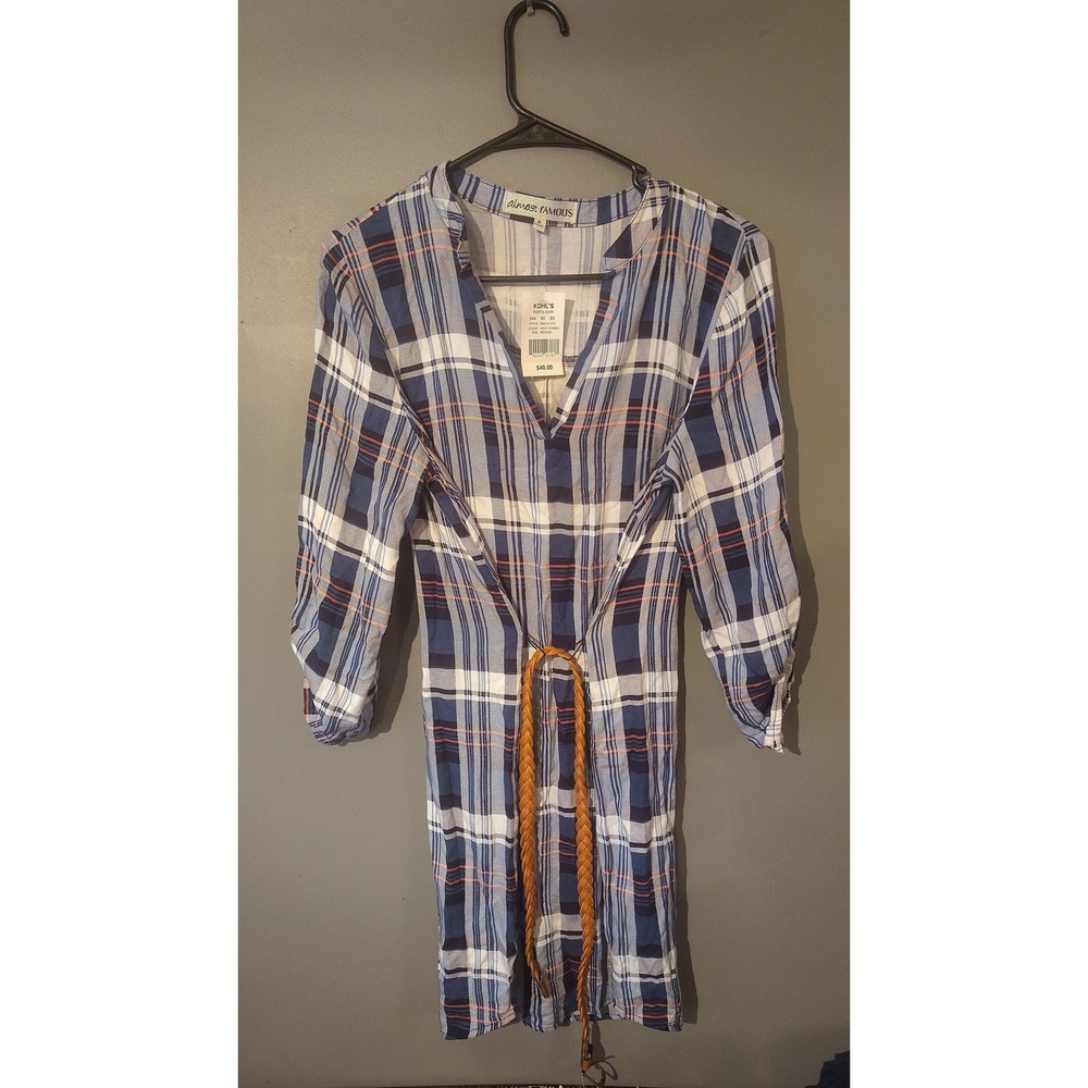 Almost Famous Plaid Shirt Dress Navy Combo Roll Tab Sleeve NWT Size Medium